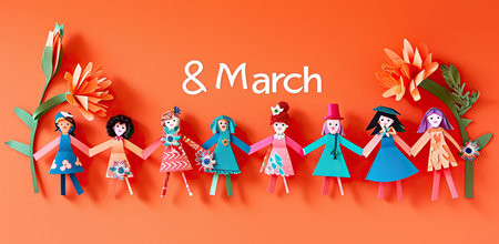 Paper figures of women with flowers on an orange background and the inscription 8 March. The concept of celebration and femininity.の素材