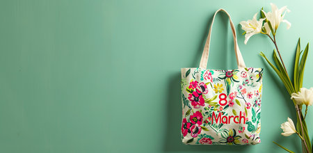 Eco-friendly tote bag with floral pattern and 8 March inscription next to lilies on a green background. The concept of gifts and spring.の素材