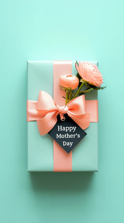 Gift package with Mother's Day and flowers on a mint background. Mother's Day concept. Vertical format.の素材