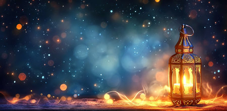 Lantern against the night sky, sparks. The concept of celebrating Ramadanの素材