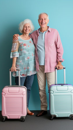 Elderly couple with suitcases on a blue background. The concept of travel or vacation.の素材