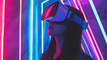 Young woman in virtual reality headset against neon lines background. The concept of virtual reality and digital technology.の素材