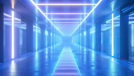 Blue-illuminated corridor with neon lines. The concept of modern design and technology.の素材