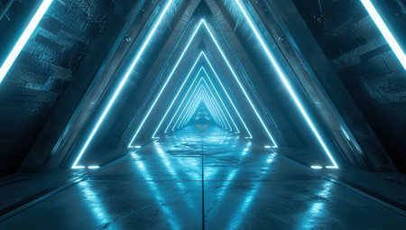 Modern triangular corridor with neon lighting. The concept of futuristic design.の素材