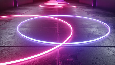 Neon circles on a dark background. The concept of modern art.の素材