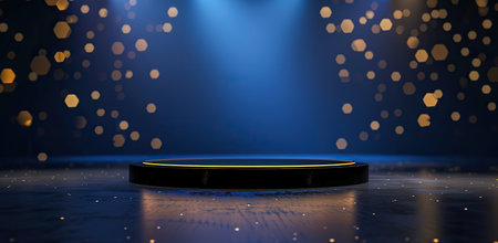 Empty stage with blue light and golden bokeh. The concept of an event or performance.の素材