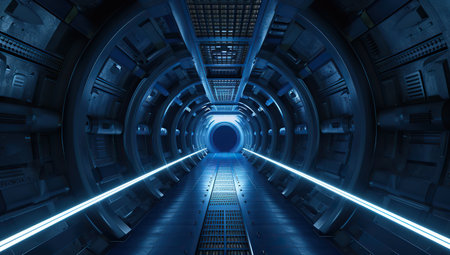 Blue futuristic spacecraft corridor. Concept of science fiction interior design.の素材