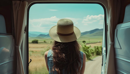 Girl in a hat looking out of a car window at the landscape. The concept of travel and freedom.の素材