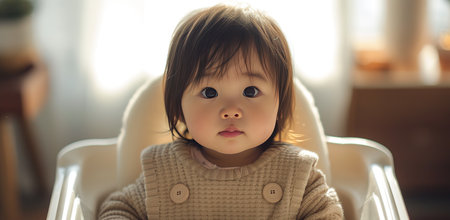 Small child with big eyes sitting in a high chair. The concept of childhood and innocence.の素材