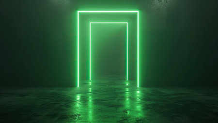 Green neon door on a dark background. The concept of mystery and future.の素材