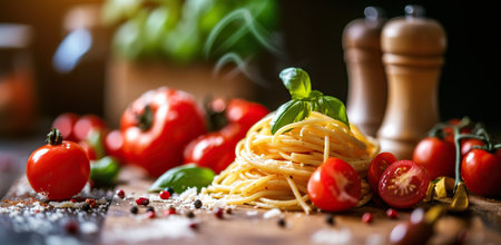 Spaghetti with tomatoes and basil on a wooden table. The concept of Italian cuisine and taste.の素材