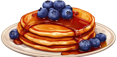 Pancakes with blueberries and maple syrup on a plate. The concept of breakfast and sweet food.の素材