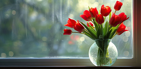 Red tulips in a vase on the windowsill. The concept of spring and freshness.の素材