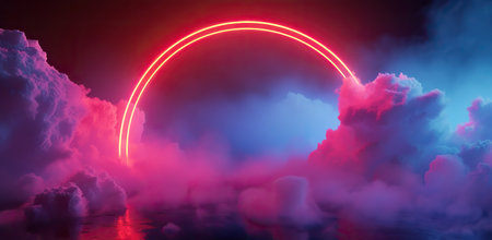 Neon light circle against clouds and mist. The concept of energy and futuristic design.の素材