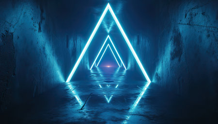 Blue neon triangle in a dark corridor. The concept of futuristic design and technology.の素材