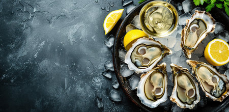 Oysters on ice with lemon and a glass of wine. The concept of seafood delicacies and gastronomic pleasure.の素材