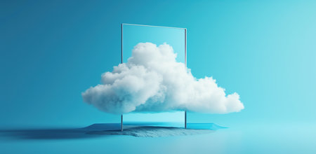 Square frame with a cloud inside against a blue background.の素材