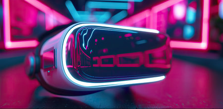 Virtual reality headset in neon lighting. The concept of technology and the future.の素材