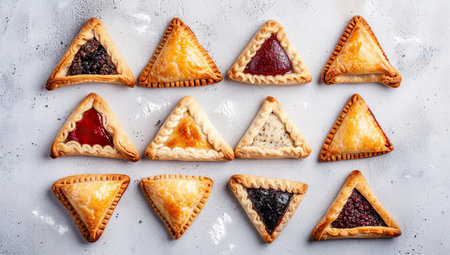 Hamantaschen cookies for the Purim holiday. The concept of Jewish traditions and baking.の素材