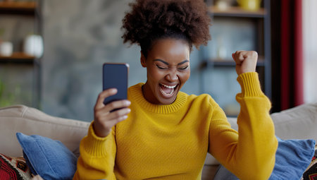 Young African American woman in a bright yellow sweater joyfully screaming while looking at her smartphone. The concept of happinessの素材