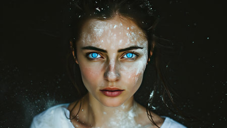 Portrait of a young woman with powder on her face. The concept of beauty and individuality.の素材