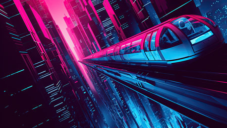 Futuristic train in a cyberpunk city. The concept of science fiction and advanced technology.の素材