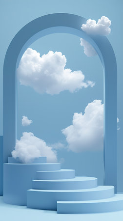 Arched passageway with stairs leading to clouds. The concept of successの素材