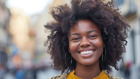Smiling young African American woman in an urban setting. The concept of optimism and urban life.の素材
