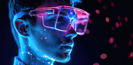 Male portrait with neon glasses and light flares. The concept of technology and the future.の素材
