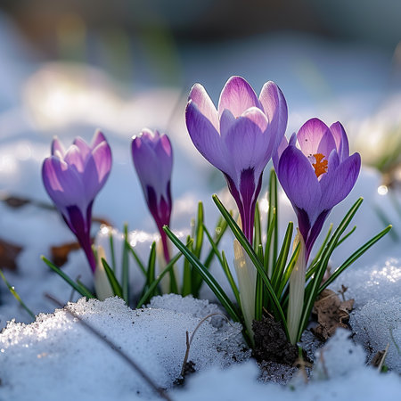 Crocus flowers in the snow. The concept of spring awakening of nature.の素材