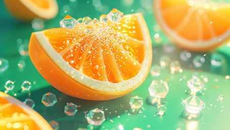 Orange slice with glitter and crystal effects. The concept of freshness and energy.の素材
