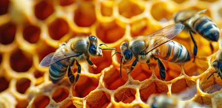 Description: Bees on honeycombs. The concept of beekeeping and nature.の素材