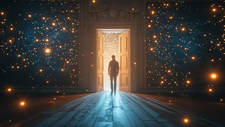 Silhouette of a person in a doorway leading to a glowing cosmos. The concept of the unexplored and mystical.の素材