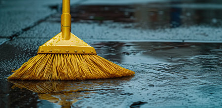 Yellow broom sweeping water on the asphalt. The concept of cleaning and refreshing.の素材