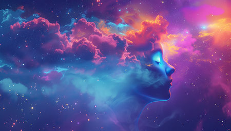 Woman's face merging with the cosmos against colorful nebulae. The concept of human-universe synthesis.の素材