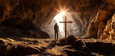 Silhouette of a person in front of a cross in a cave with sunlight. The concept of faith, hope, and spirituality.の素材