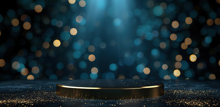 Empty golden pedestal against glowing bokeh background. The concept of product presentation or award.の素材