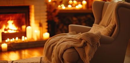 Cozy interior with an armchair and throw blanket by the fireplace. The concept of home warmth and hearth.の素材