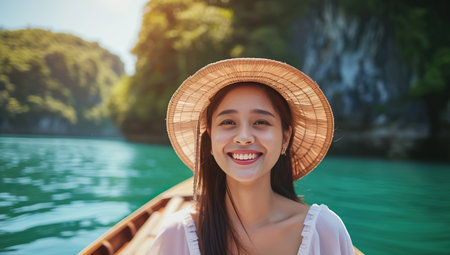 Smiling woman in a hat on a boat. The concept of leisure and summer vibes.の素材