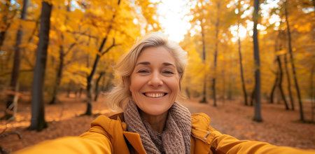 Smiling woman in a yellow jacket taking a selfie in an autumn forest. The concept of a happy mood and enjoying natureの素材