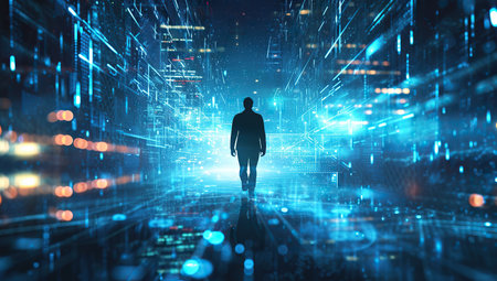Figure of a person walking in a digital corridor. The concept of virtual reality and digitalization.の素材
