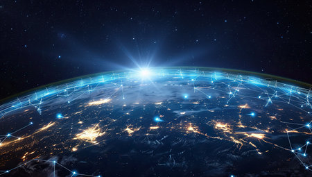 Earth from space with a global connection network and sunrise. The concept of globalization and network technology.の素材