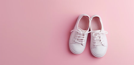 White sneakers on a pink background.の素材