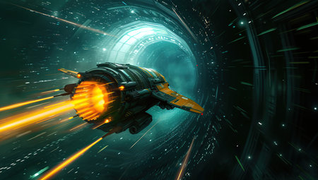 Spacecraft exiting a glowing hyperspace tunnel. The concept of space travel and exploration.の素材
