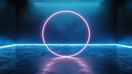 Neon circle on a dark background with blue light. The concept of modernism and futurism.の素材