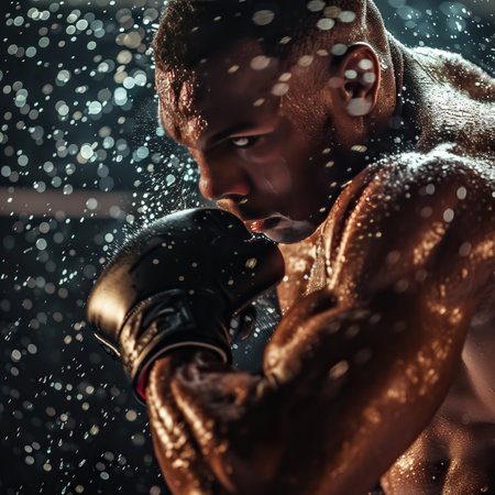 Boxer in a defensive stance under the rain. The concept of strength, perseverance, and sports spirit.の素材