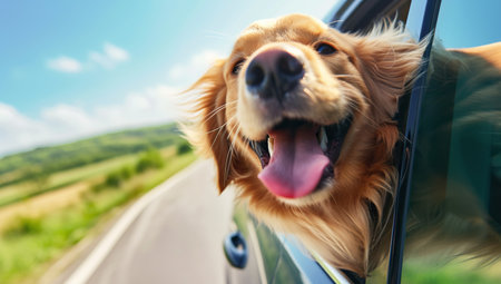 Golden retriever dog looking out of a car window. The concept of travel and adventure.の素材