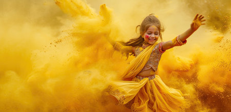 Girl dancing in a cloud of yellow paint at the Holi festival. The concept of celebration and joy.の素材