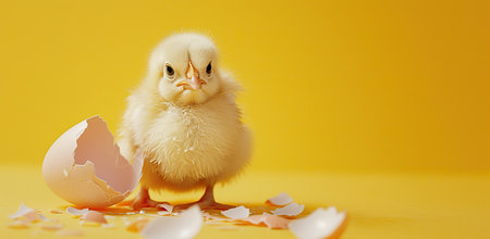 Chick matching the color of the egg against a yellow background. The concept of new life and the Easter season.の素材