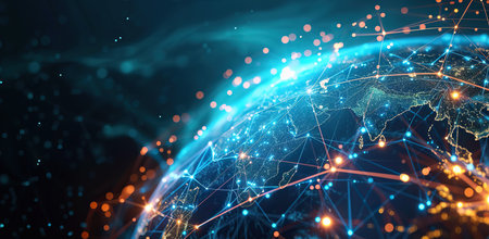 Globe with illuminated network lines illustrating global connection. The concept of globalization and the internet.の素材